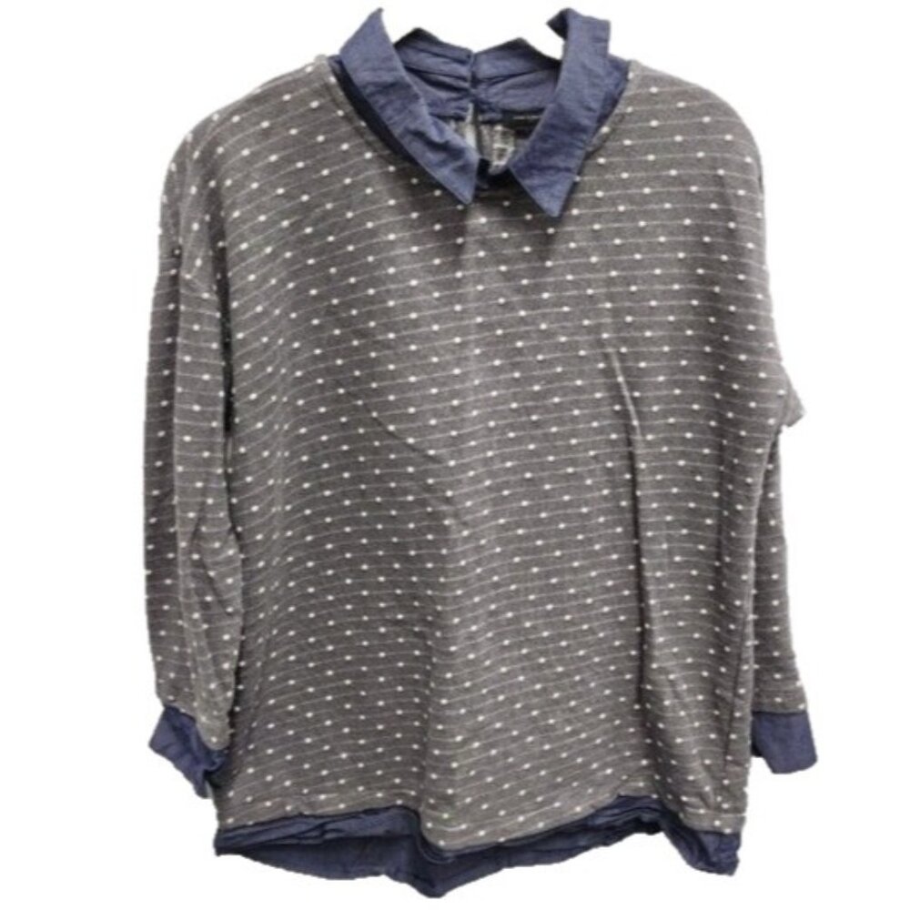 Ann Taylor Womens Sweater Medium Gray Polka Dot Chambray Collar Pullover Preppy